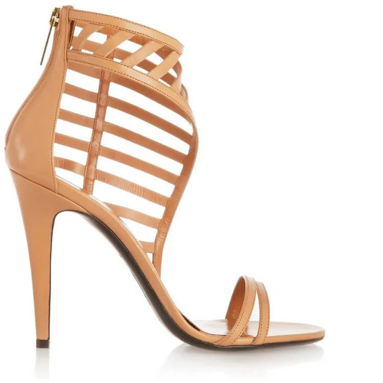 Nude High Heels Cutout Leather Sandals