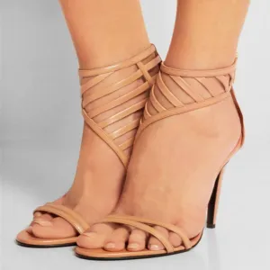 Nude High Heels Cutout Leather Sandals
