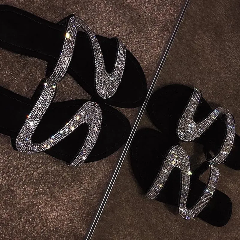 Rhinestone Flat Cutout Open Toe Sandals