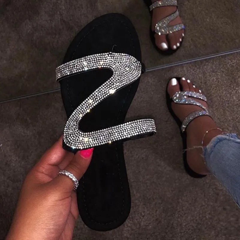 Rhinestone Flat Cutout Open Toe Sandals