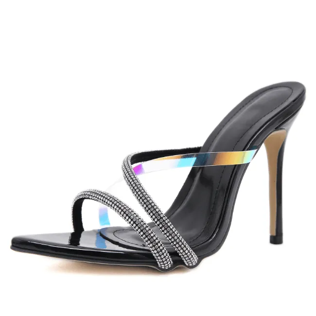 Sexy PU Rhinestone Point Toe High Heel Mule Sandals