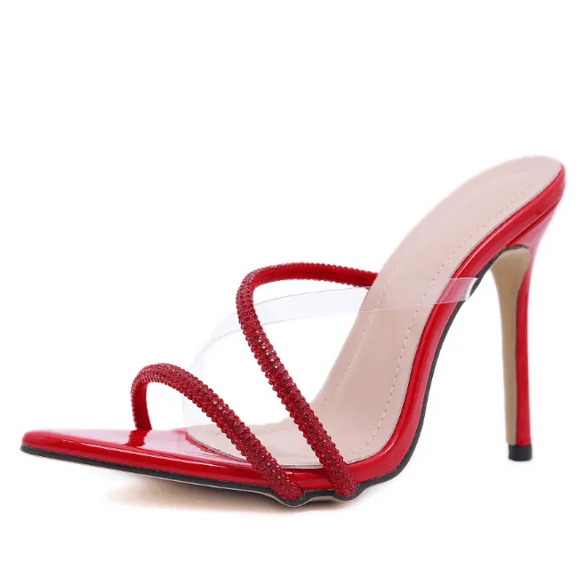 Sexy PU Rhinestone Point Toe High Heel Mule Sandals