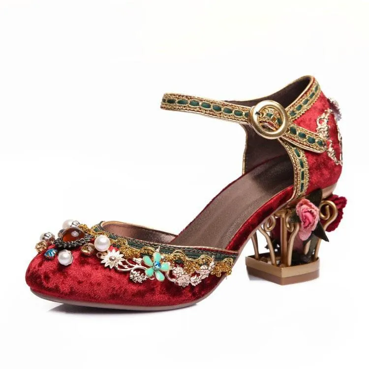 Suede Embellished Flower Round Toe Chunky Heel Sandals