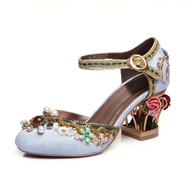 Suede Embellished Flower Round Toe Chunky Heel Sandals