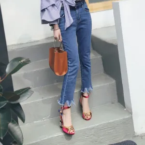 Suede Embellished Peep Toe Chunky Heel Sandals