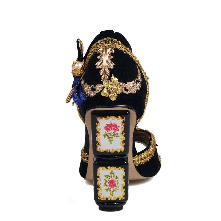 Suede Embellished Peep Toe Chunky Heel Sandals
