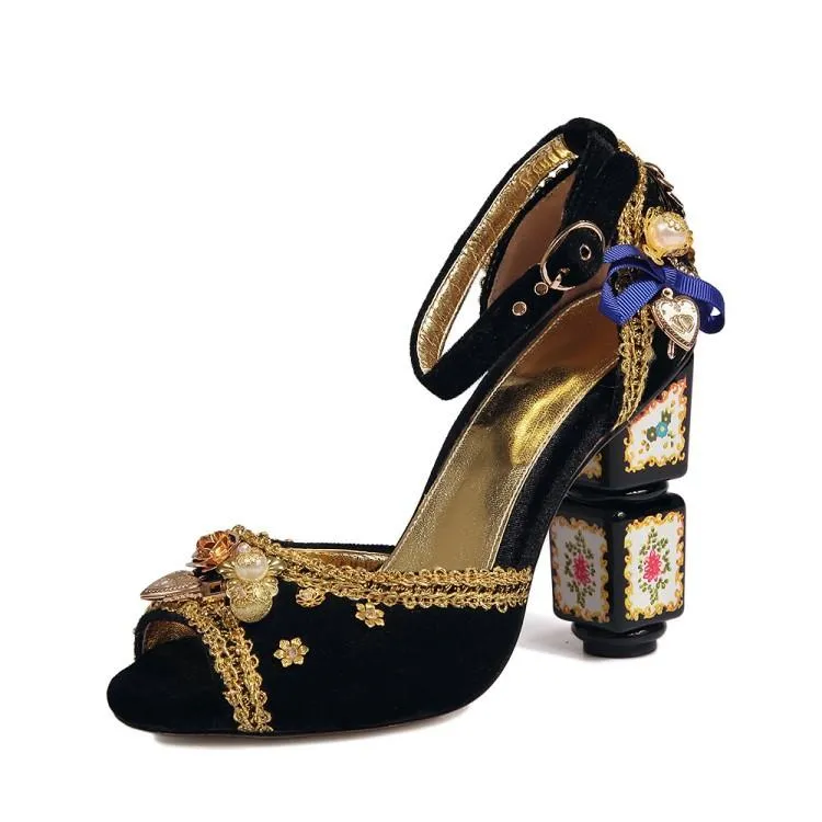 Suede Embellished Peep Toe Chunky Heel Sandals