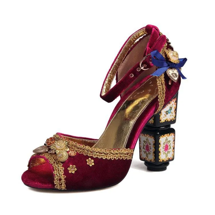 Suede Embellished Peep Toe Chunky Heel Sandals