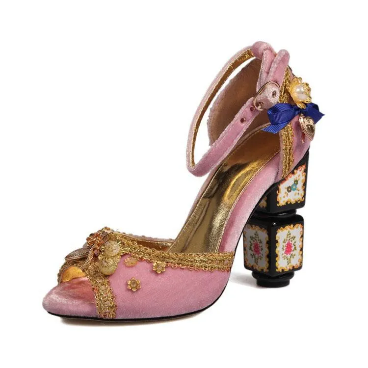 Suede Embellished Peep Toe Chunky Heel Sandals