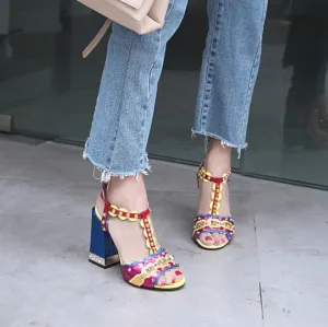 Summer Leather Open Toe Rivet High Heel Sandals