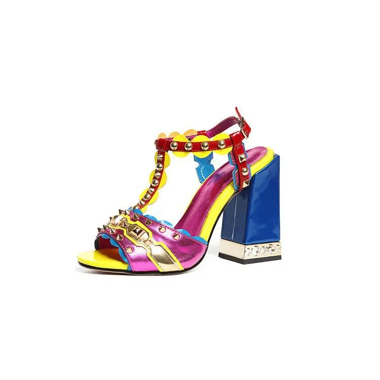 Summer Leather Open Toe Rivet High Heel Sandals