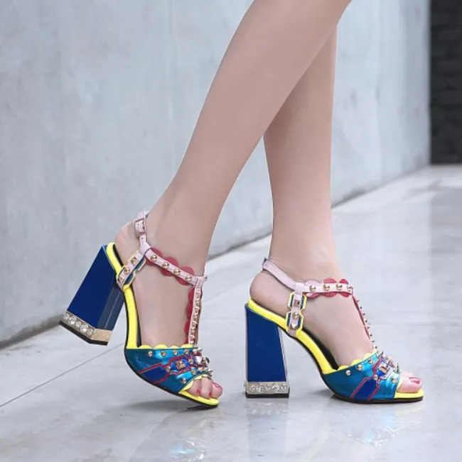 Summer Leather Open Toe Rivet High Heel Sandals