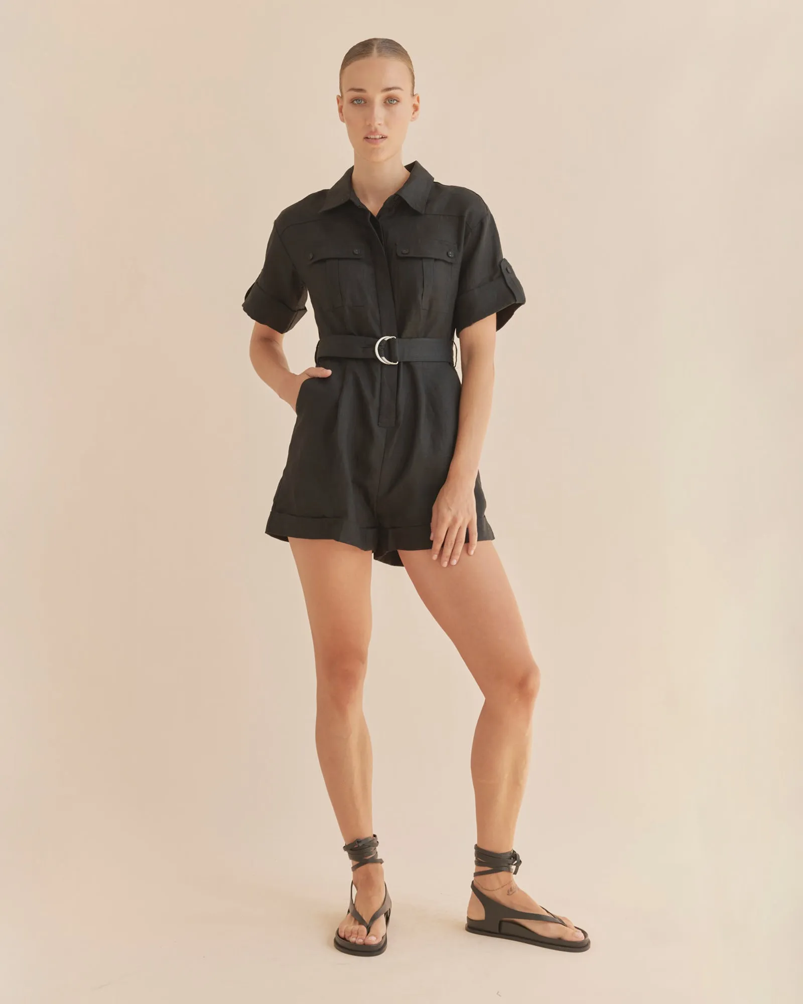 Surreal Linen Playsuit - Black