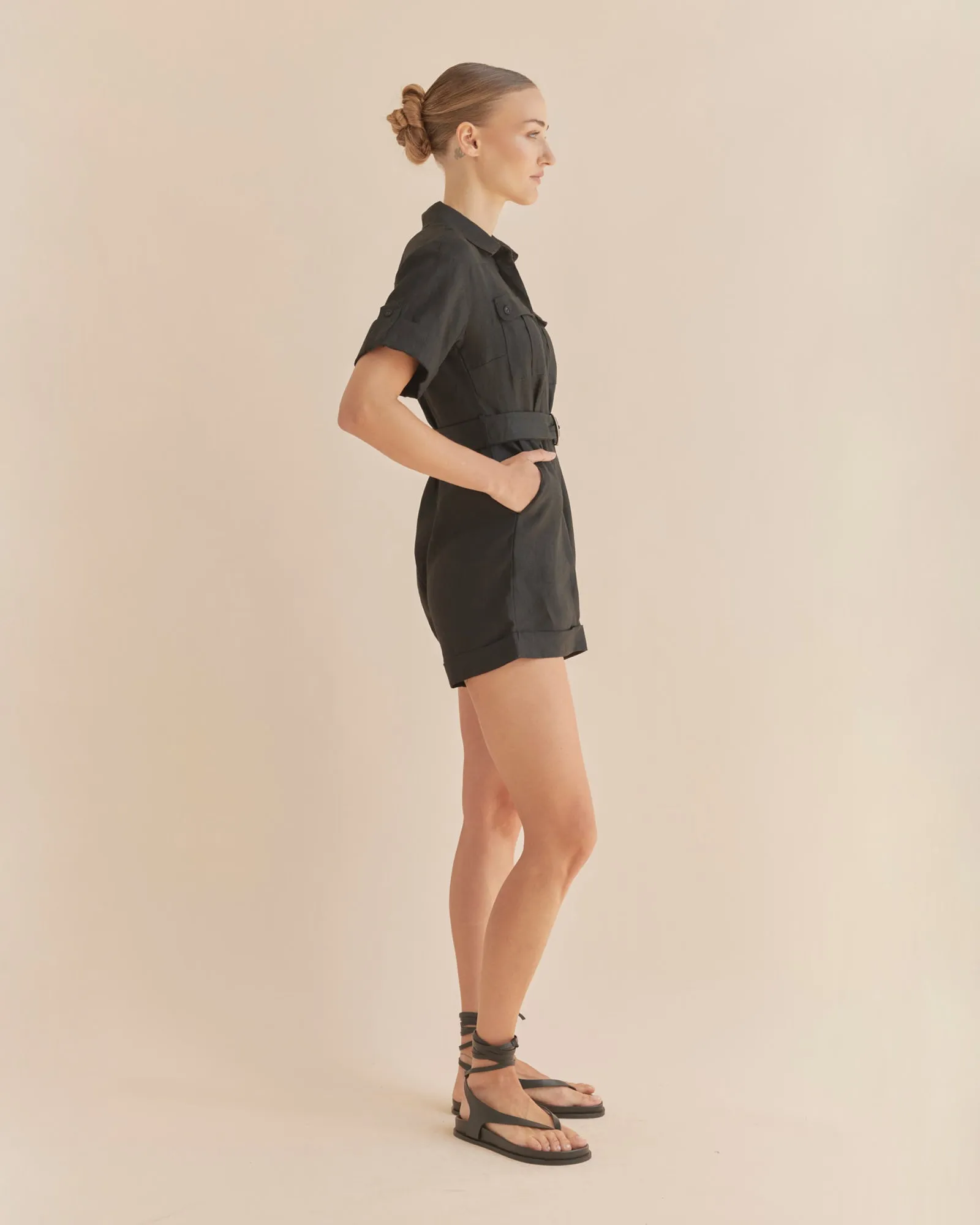 Surreal Linen Playsuit - Black