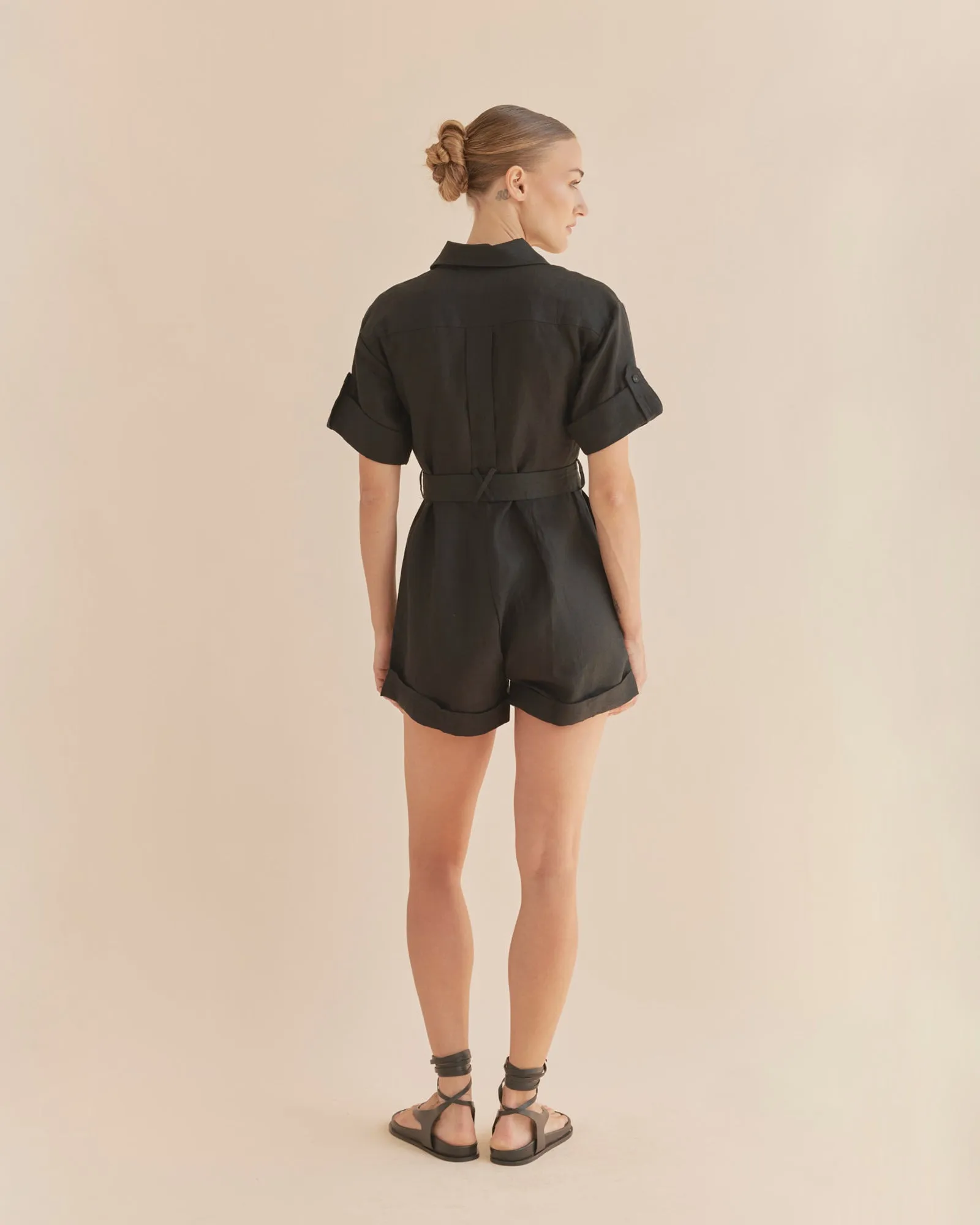 Surreal Linen Playsuit - Black