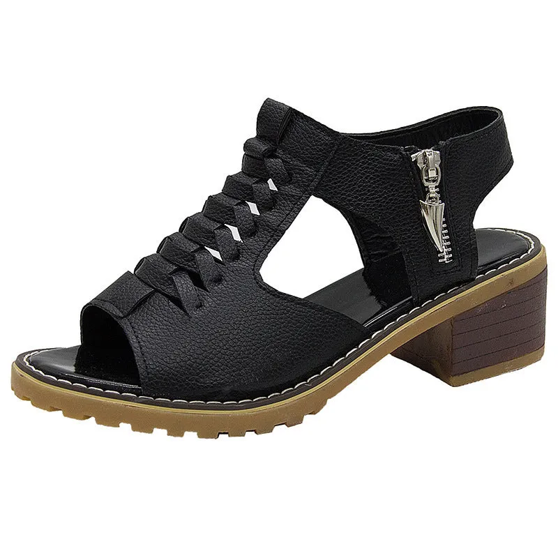 Women's peep toe woven leather crossover block heel sandals