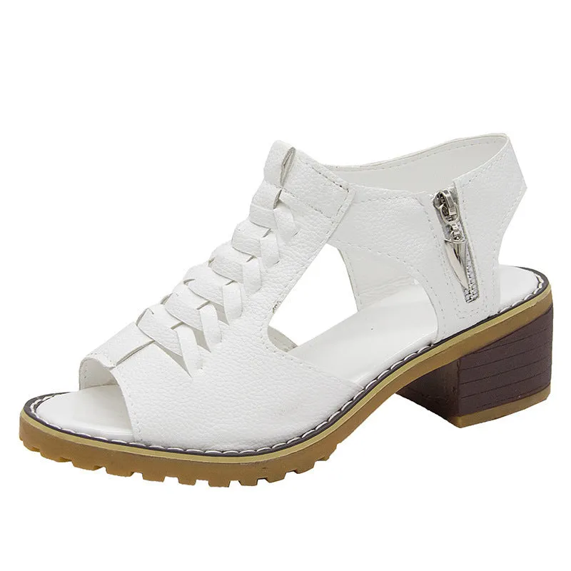 Women's peep toe woven leather crossover block heel sandals