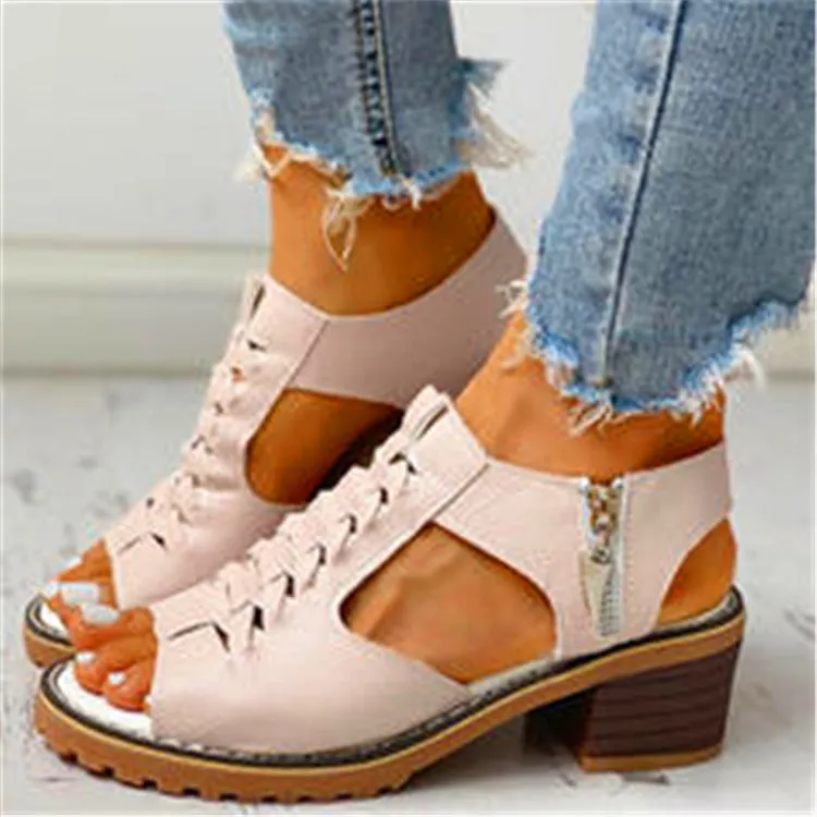 Women's peep toe woven leather crossover block heel sandals