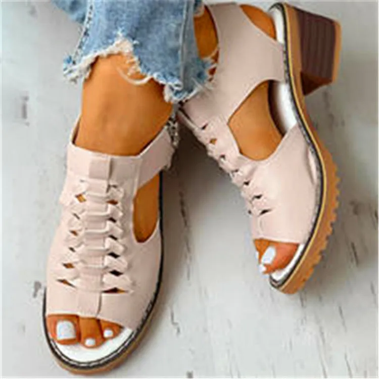 Women's peep toe woven leather crossover block heel sandals
