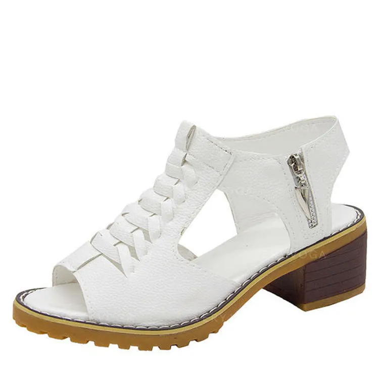 Women's peep toe woven leather crossover block heel sandals