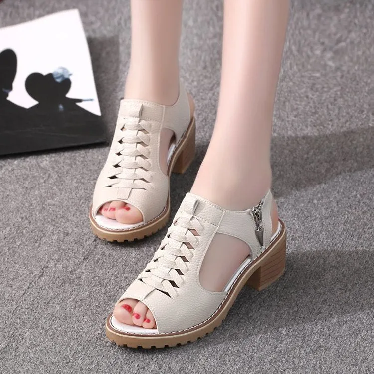 Women's peep toe woven leather crossover block heel sandals