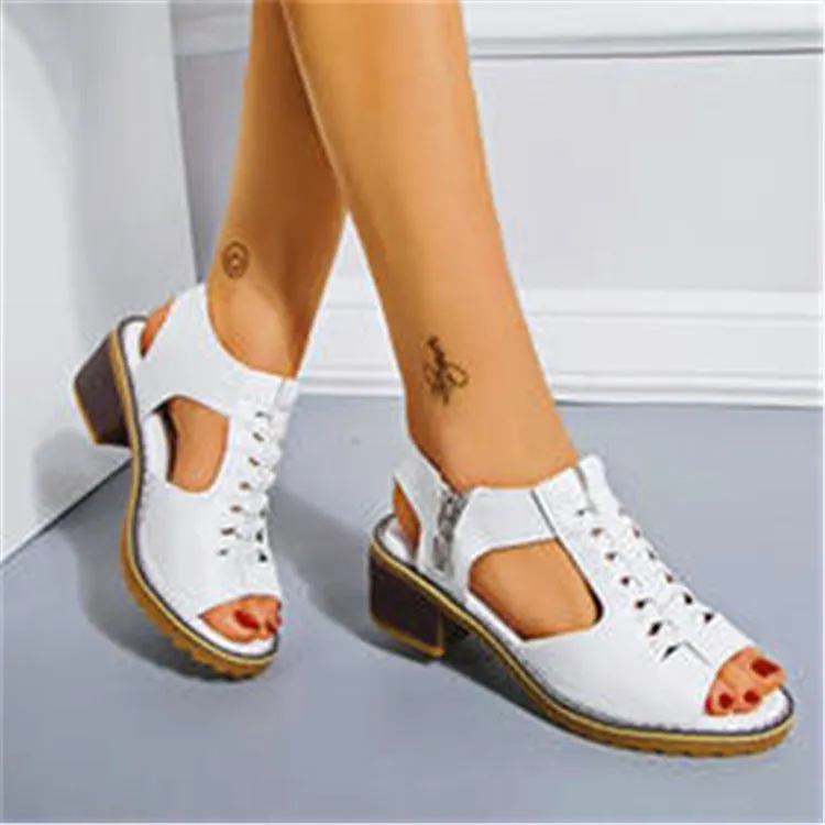 Women's peep toe woven leather crossover block heel sandals
